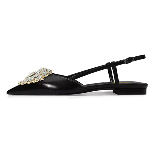 Women's Rhinestone Heart-Shaped Pointed Toe Black Slingback Flats