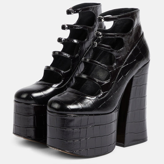 Black Croco Embossed Cutout Booties Chunky Heel Platform Ankle Boots
