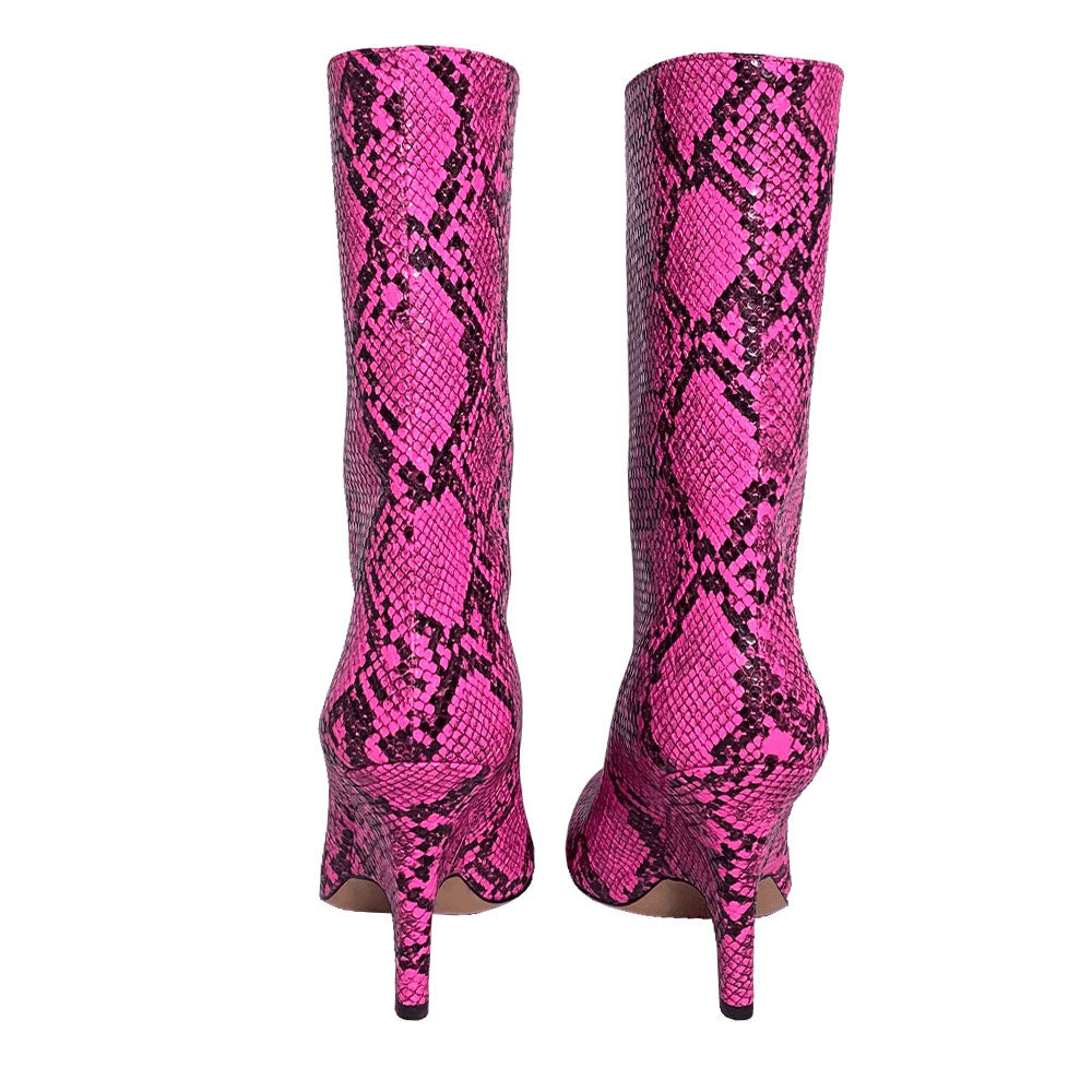 Fuchsia Snakeskin Print Pointy Toe Wedge Heel Tubular Mid Calf Boots