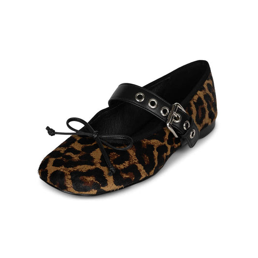 Leopard Print Square Toe Bow Studded Buckle Strap Ballet Flats