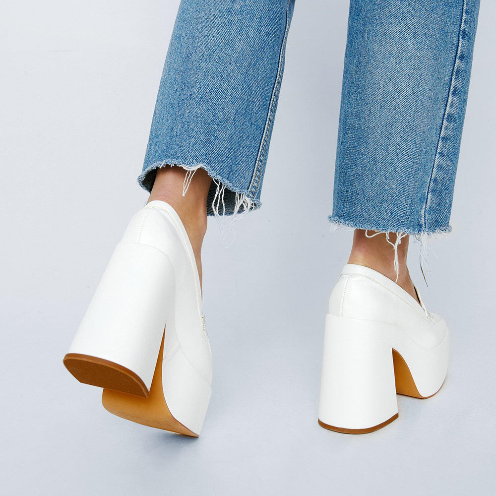 White Square Toe Chunky Heel Slip-On Platform Loafers