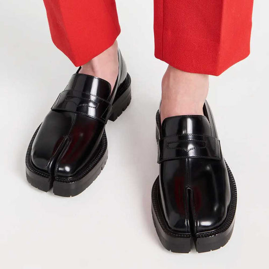 Black Signature Split Toe Vamp Strap Chunky Loafers for Women