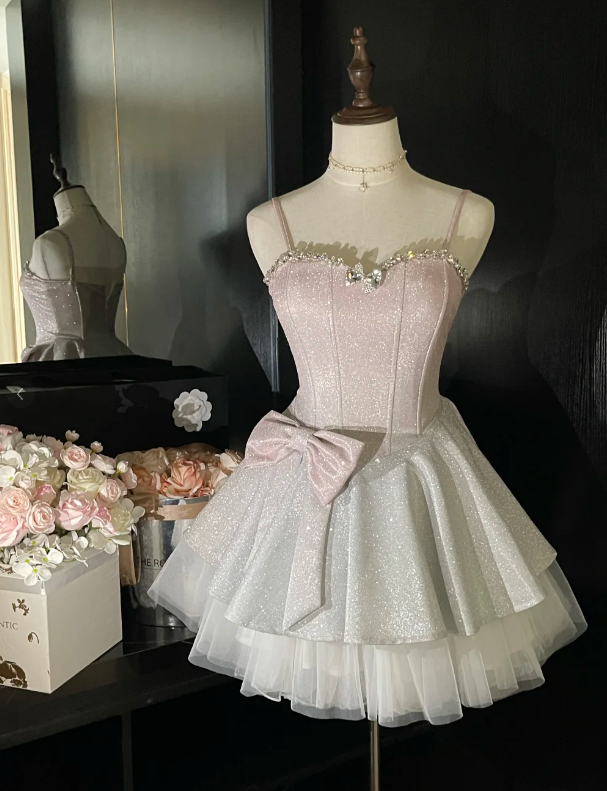 New Simple Pink Sequin A-line Tulle Short Homecoming Dresses TP3922