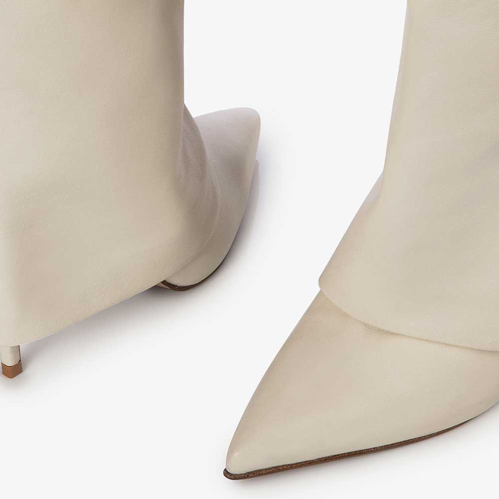 Beige Pointed Toe Stiletto Heel Fold Over Wide Claf Knee High Boots