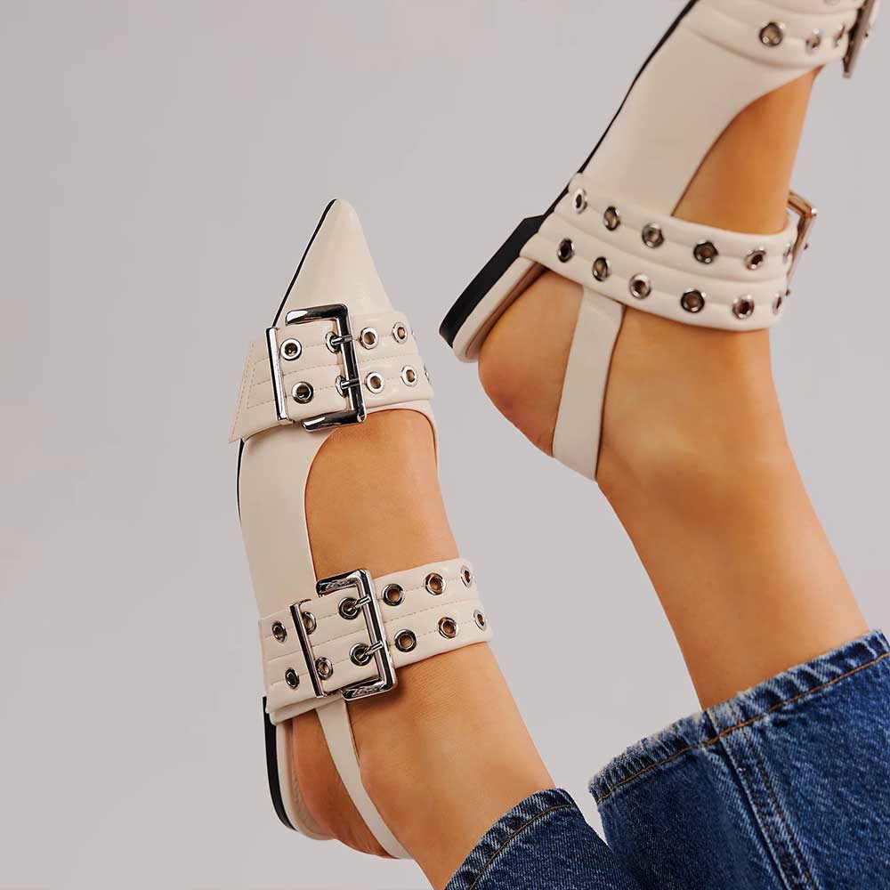 Ivory Pointed Toe Double Grommet Buckle Strap Slingback Flats