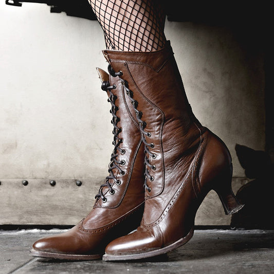Brown Lace-Up Almond Toe Spool Heel Mid Calf Boots for Women
