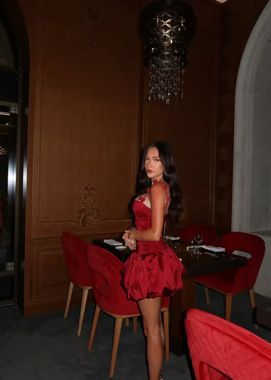 Vintage Burgundy Satin Spaghetti Strap Short A-Line Party Dress Cocktail Dress Homecoming Dress TP4435