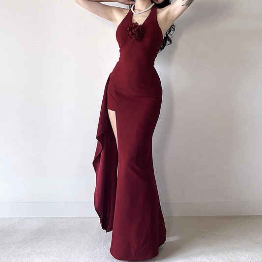 Retro Burgundy/Black Halter-neck 3D Flower Sheath High Slit Long Summer Dresses Prom Dress Evening Dress TP4360