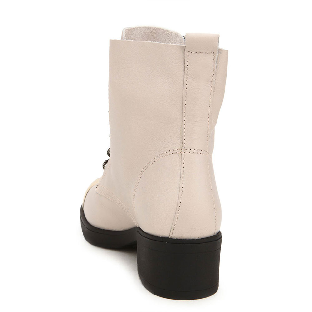 Women's Metal Round Toe Tie-Up Chunky Heel Ankle Boots in Beige