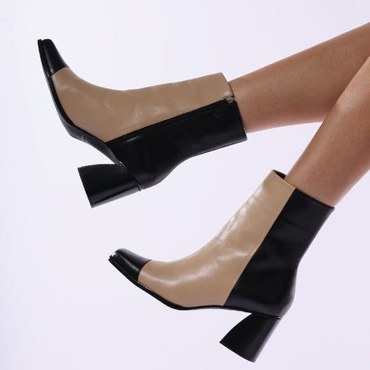 Beige & Black Closed Toe 3'' Chunky Heel Ankle Boots