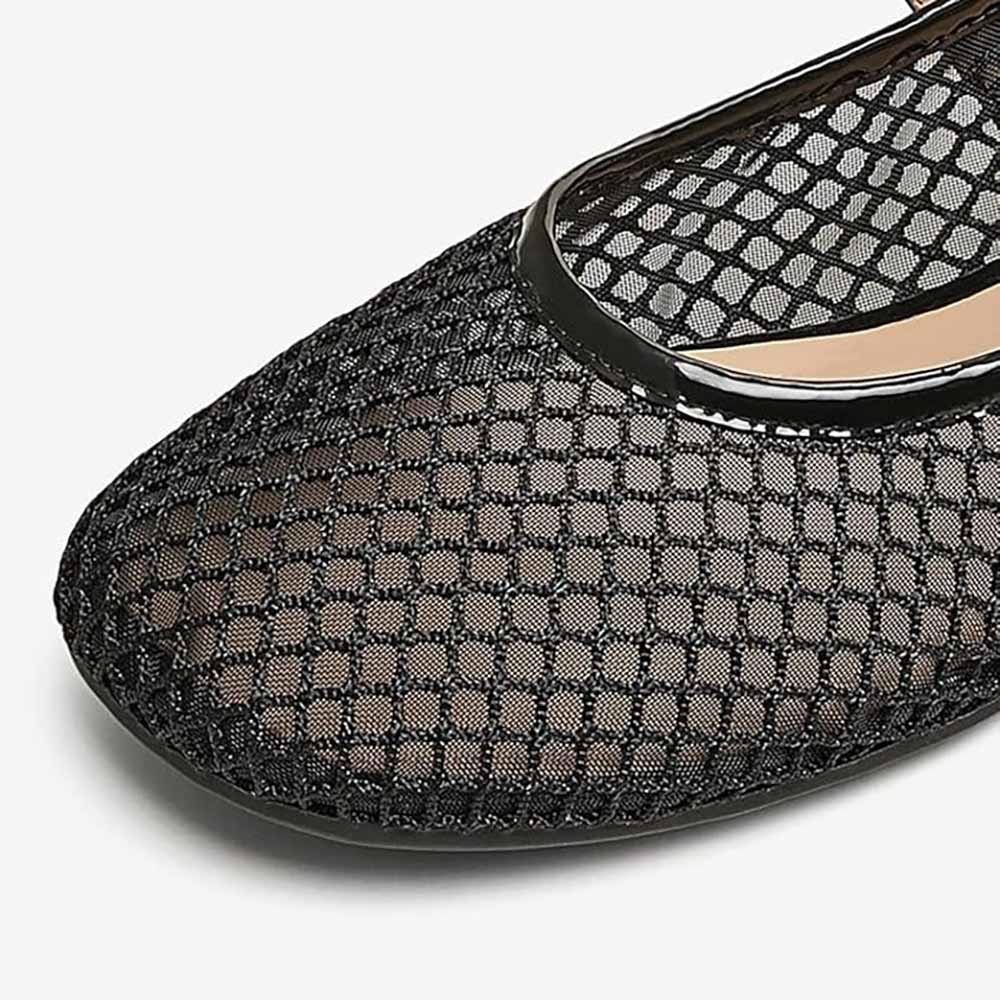 Black Square Toe Buckle Strap Women's Classic Mesh Flats