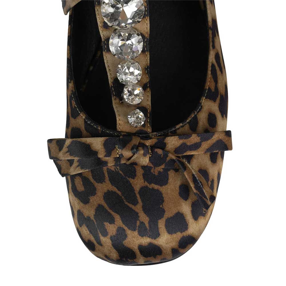 Brown & Black Leopard Print Satin Crystal Mary Jane Flats with Bows