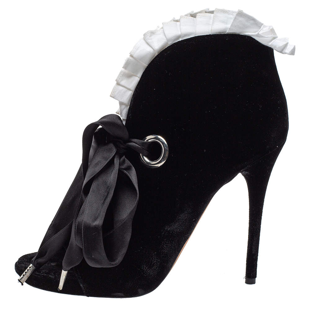 Black Velvet Stiletto Heel Lace Up Open Toe Boots with White Ruffle