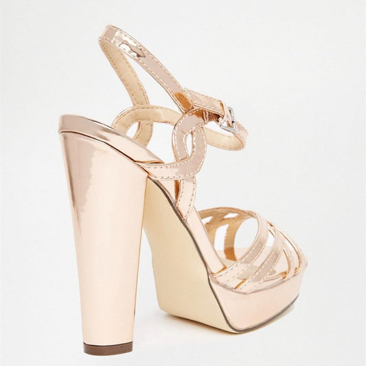Gold Metallic Square Toe Chunky Heel Platform Sandals for Women