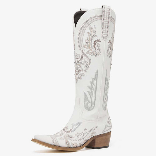 White Rhinestone Embroidered Chunky Heel Cowboy Knee High Boots