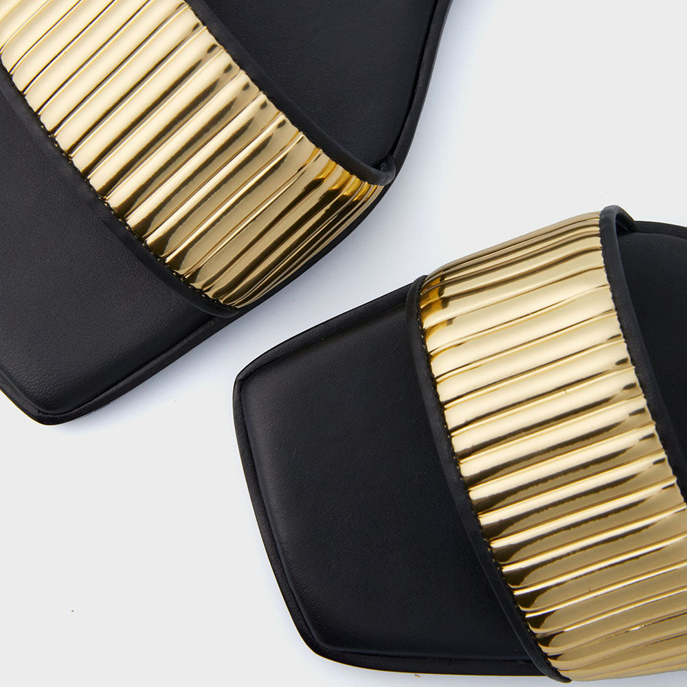 FSJ Black Open Square Toe Gold Textured Flats Slides for Women