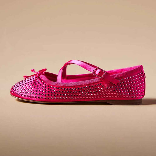 Hot Pink Satin Round Toe Strappy Slip-On Ballet Flats with Bow