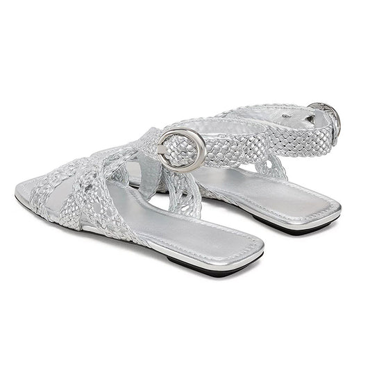 Stylish Square Toe Woven Strappy Buckled Flat Silver Sandals by FSJ