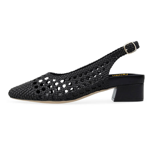 Black Woven Cut Out Square Toe Low Block Heel Buckled Slingback Pumps