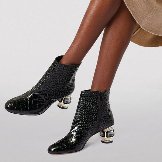 Black Pointed Toe Decorative Heel Side-Zip Ankle Boots