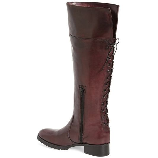 Women's Round Toe Back Lace Up Flat Knee-High Boots by FSJ