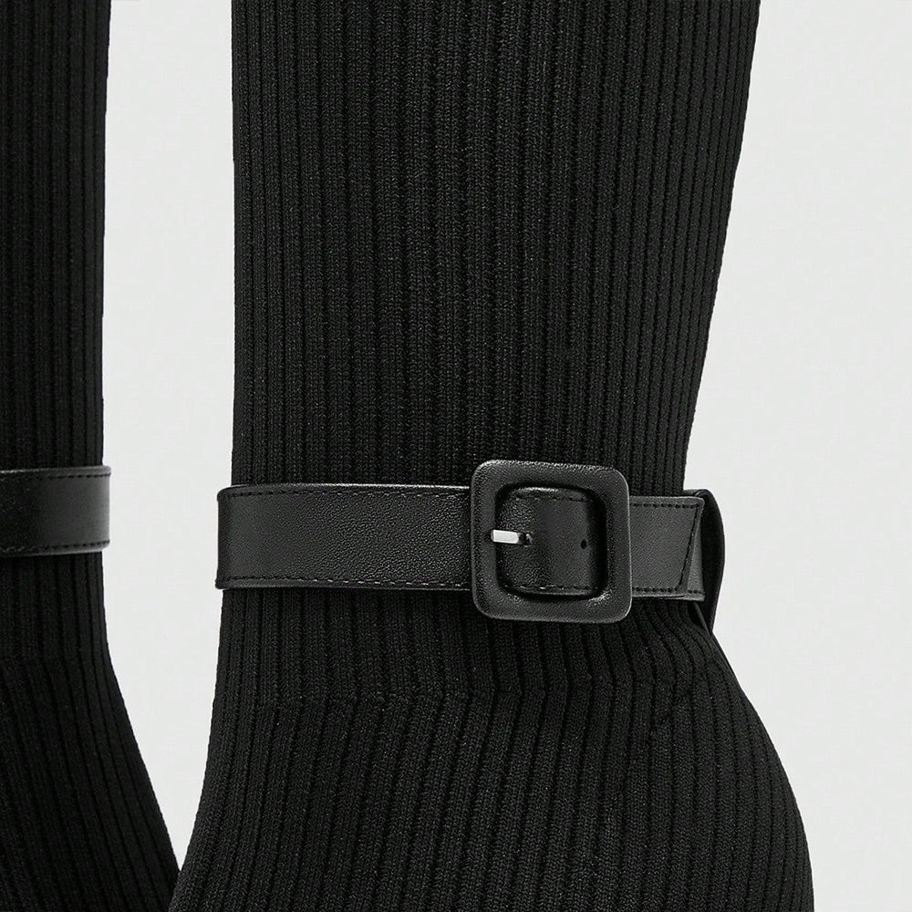 Black Closed Toe 4'' Flared Heel Mid Calf Boots