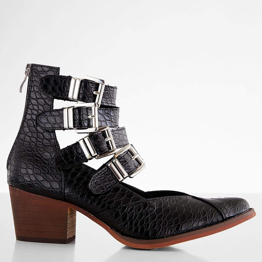 Black Pointy Toe Block Heel Ankle Boots with Buckles