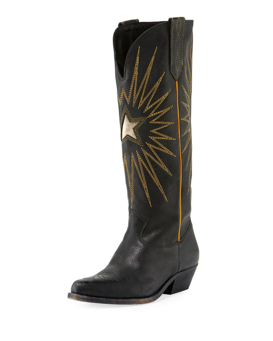 Black Chunky Heel Embroidered Pointy Toe Knee High Cowgirl Boots