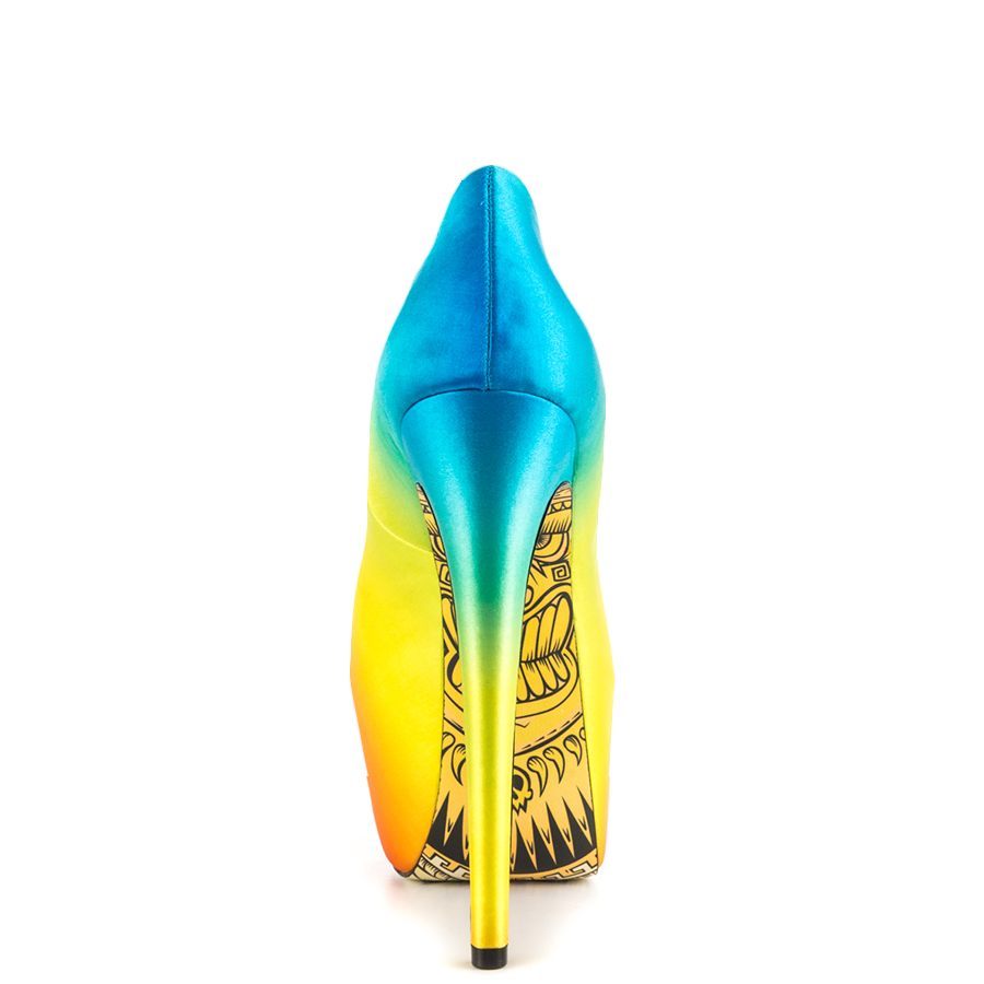 Women's Multicolor Satin Peep Toe Platform Pumps with Printed Outsole