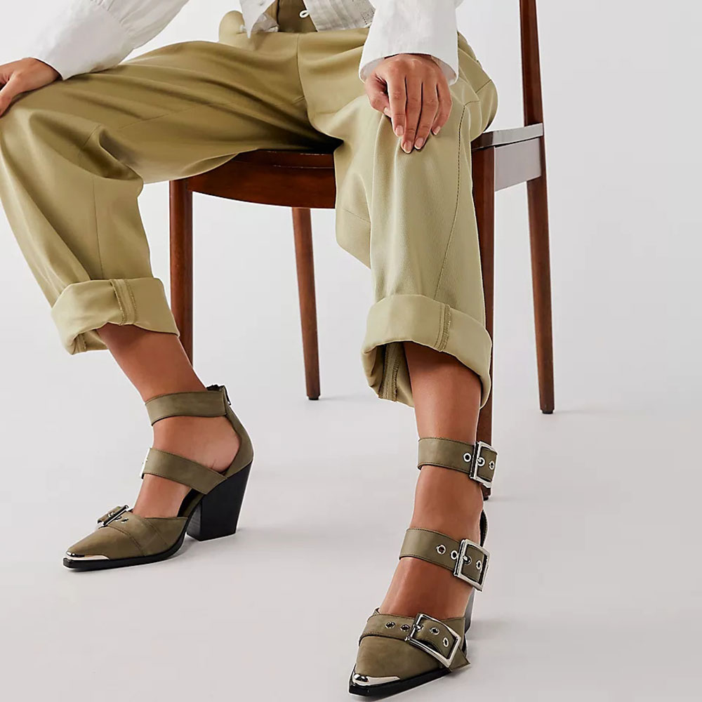 Women's Olive Pointed Toe Triple Strap Block Heel Pumps with Buckles