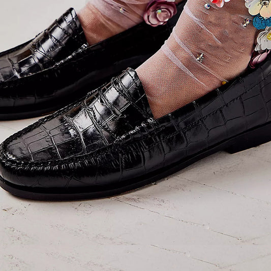 Black Croco Embossed Round-Toe Flat Penny Loafers for Women