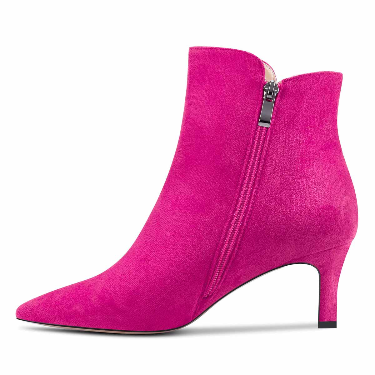 Vegan Suede Pointed Toe Kitten Heeled Ankle Boots in Fuchsia