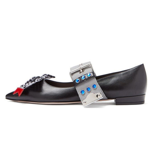 Black Pointed Toe Buckled Women's Mary Jane Flats with Bow