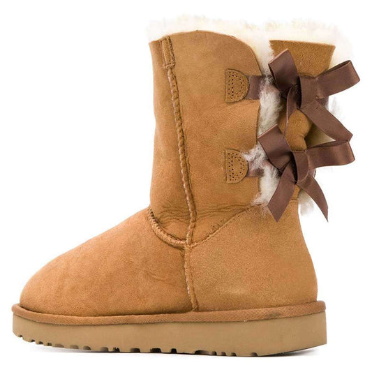 Women's Tan Round Toe Bow Decor Cute Winter Flat Faux Fur Boots