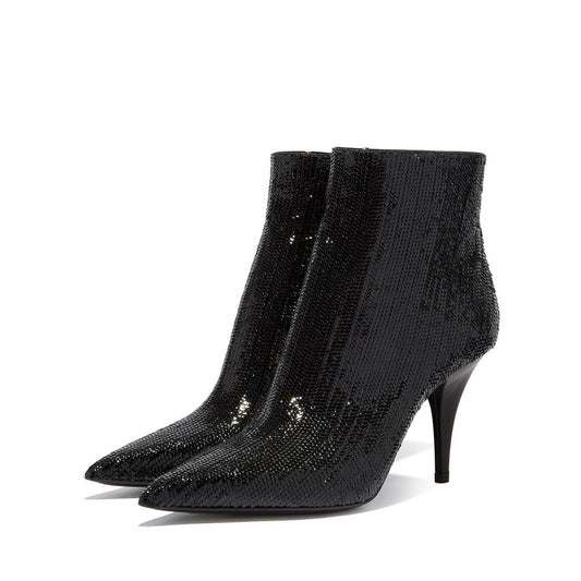 Black Pointed Toe Cone Heel Sparkly Ankle Boots for Women