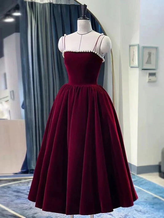 Retro Burgundy Beaded Spaghetti Strap Design A-line Velvet Party Dress Homecoming Dress TP4058