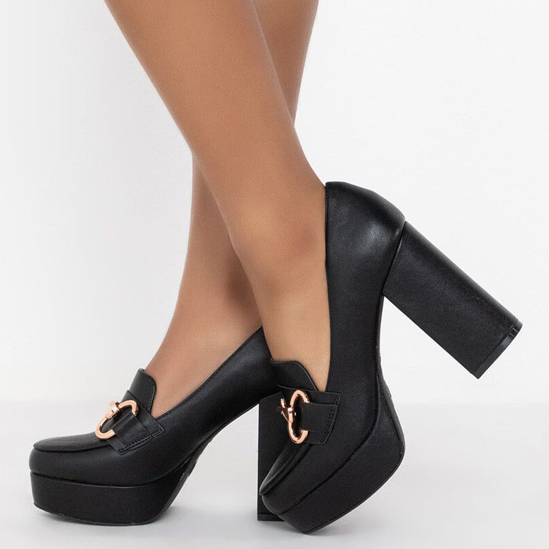 Black Round Toe Chunky Heel Horsebit Platform Loafers Women