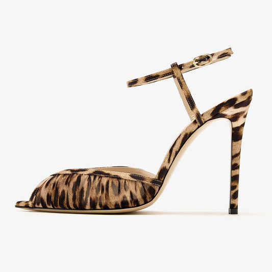 Brown Animal Print Peep Toe Ankle Strap Pleated Women's Heel Sandals