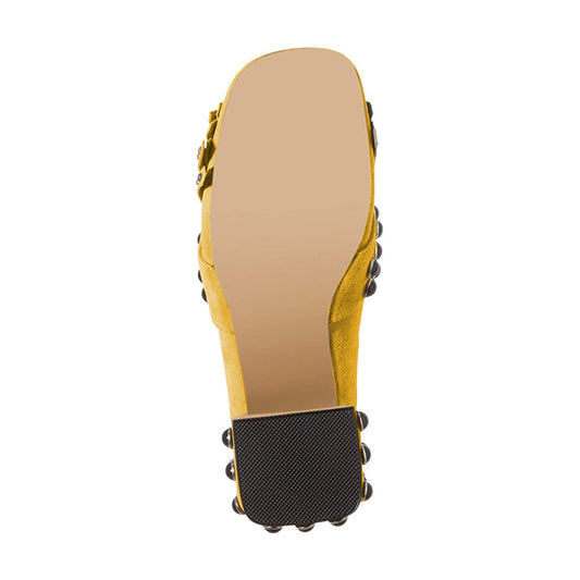Yellow Vegan Suede Fringe Studs Block Heel Pumps