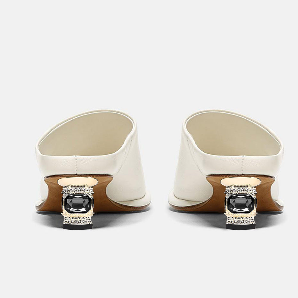 White Vegan Leather Peep Toe Decorative Heel Mules