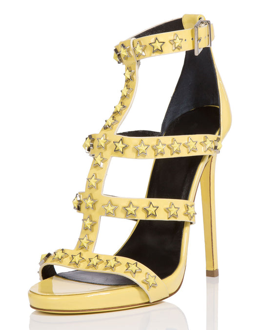 Yellow Vegan Leather Open Toe Stiletto Heel Gladiator Sandals