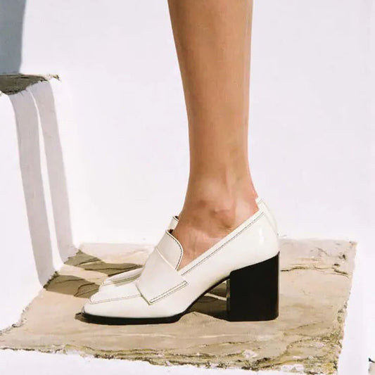 White Square Toe Chunky Heel Loafers