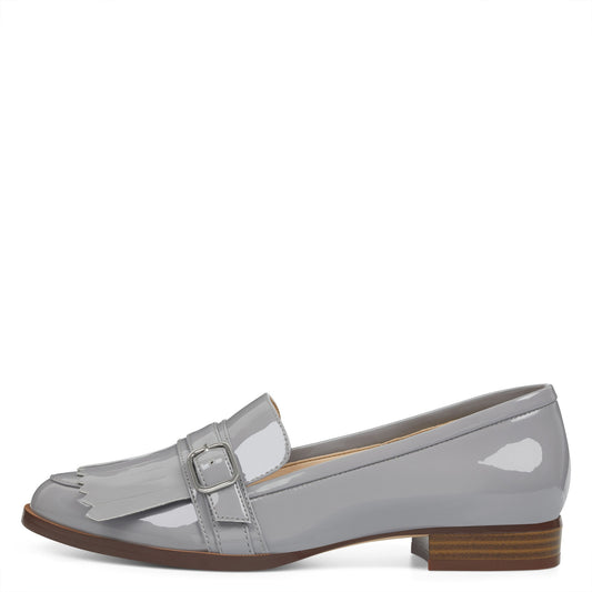 Gray Patent Leather Closed-Toe Fringe Women's Loafers with Buckle