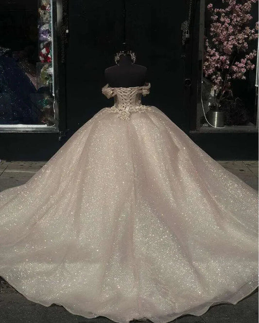 Elegant Shiny Champagne Off-the-shoulder Sweet 16 Quinceanera Tulle A-Line Prom Dress Birthday Dress Evening Dress Ball Gown TP4529