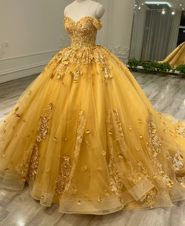 Beautiful Yellow Sweetheart Applique Off-the-shoulder Beaded Sweet 16 Quinceanera A-Line Tulle Floor-length Prom Dress Birthday Dress Evening Dress Ball Gown TP4548