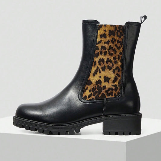 Black Round Toe Leopard Print Side Zipper Lug Sole Ankle Boots