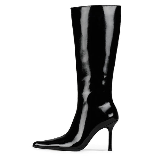 Black Patent Leather Stiletto Heel Pull-On Mid Calf Boots for Women
