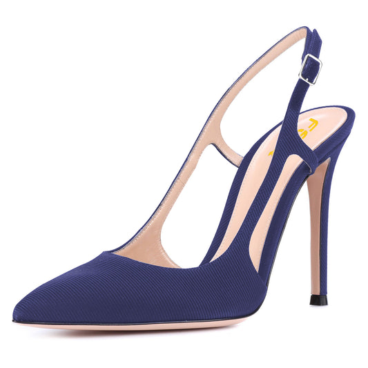Women's Navy Pointed Toe Heels Buckle Slingback Pumps