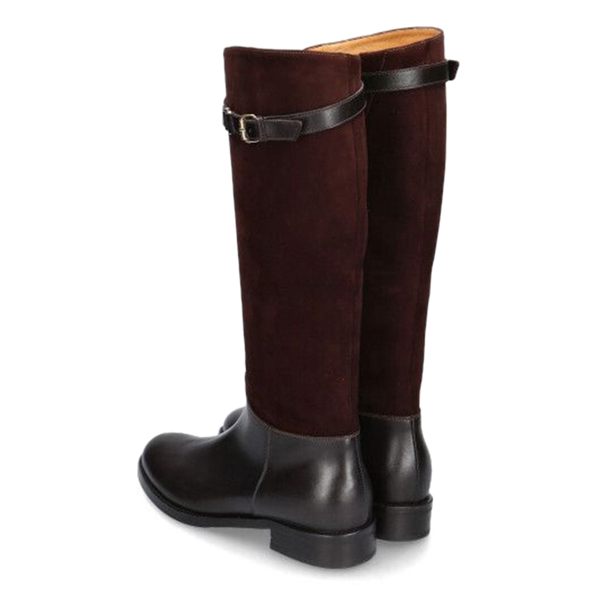 Brown Patchwork Round Toe Flat Knee High Boots with Buckle Strap