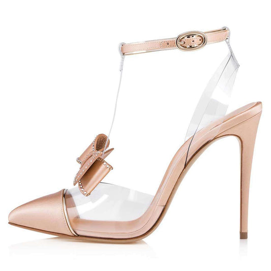Women's Nude Bow Bridal Shoes Pointed Toe PVC T-Strap Pumps Heels